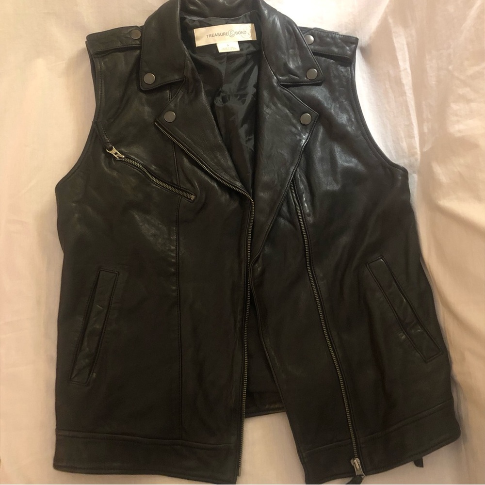 Treasure &Bond Black 100% Leather Vest Nordstrom Brand Biker Babe Women’s Small - Picture 10 of 14